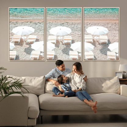 83736167-MGV-FC-60X30-3P_Natural-Calm Beach Wall Art Canvas Print, Framed Turquoise Water Art Picture Print, Umbrella Shoreline Perfect Coastal Minimalist Decor