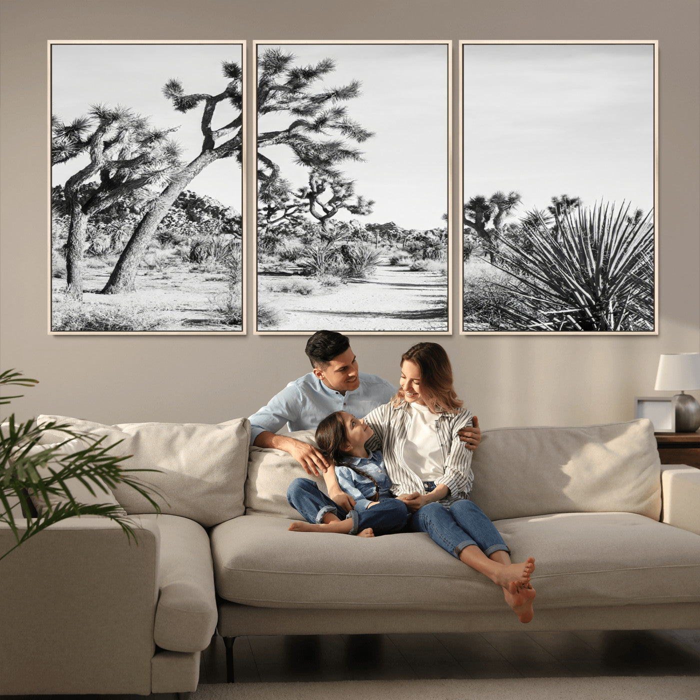 88164251-MGV-FC-60X30-3P_Natural-Joshua Tree Wall Art Canvas Print, Framed Desert Path Art Picture Print, Monochrome Desert Perfect Minimalist Desert Decor Artwork