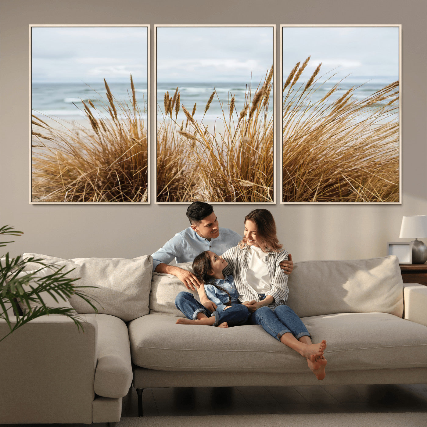 14270839-MGV-FC-60X30-3P_Natural-Beach Grass Wall Art Canvas Print, Framed Coastal Dunes Art Picture Print, Dune Grass Perfect Coastal Minimalist Decor Artwork