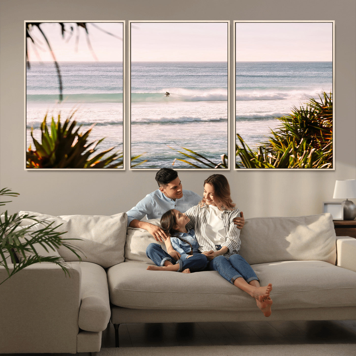 23287092-MGV-FC-60X30-3P_Natural-Ocean Surfer Wall Art Canvas Print, Framed Coastal Surf Art Picture Print, Tropical Beach Perfect Tropical Coastal Decor Artwork