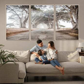87090469-MGV-FC-60X30-3P_Natural-Cypress Tunnel Wall Art Canvas Print, Framed Misty Road Art Picture Print, Foggy Trees Perfect Rustic Woodland Decor Artwork