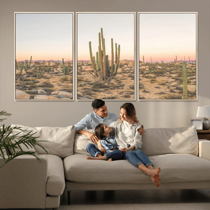 76234974-MGV-FC-60X30-3P_Natural-Desert Cactus Wall Art Canvas Print, Framed Baja Desert Art Picture Print, Pastel Desert Perfect Southwestern Boho Decor Artwork