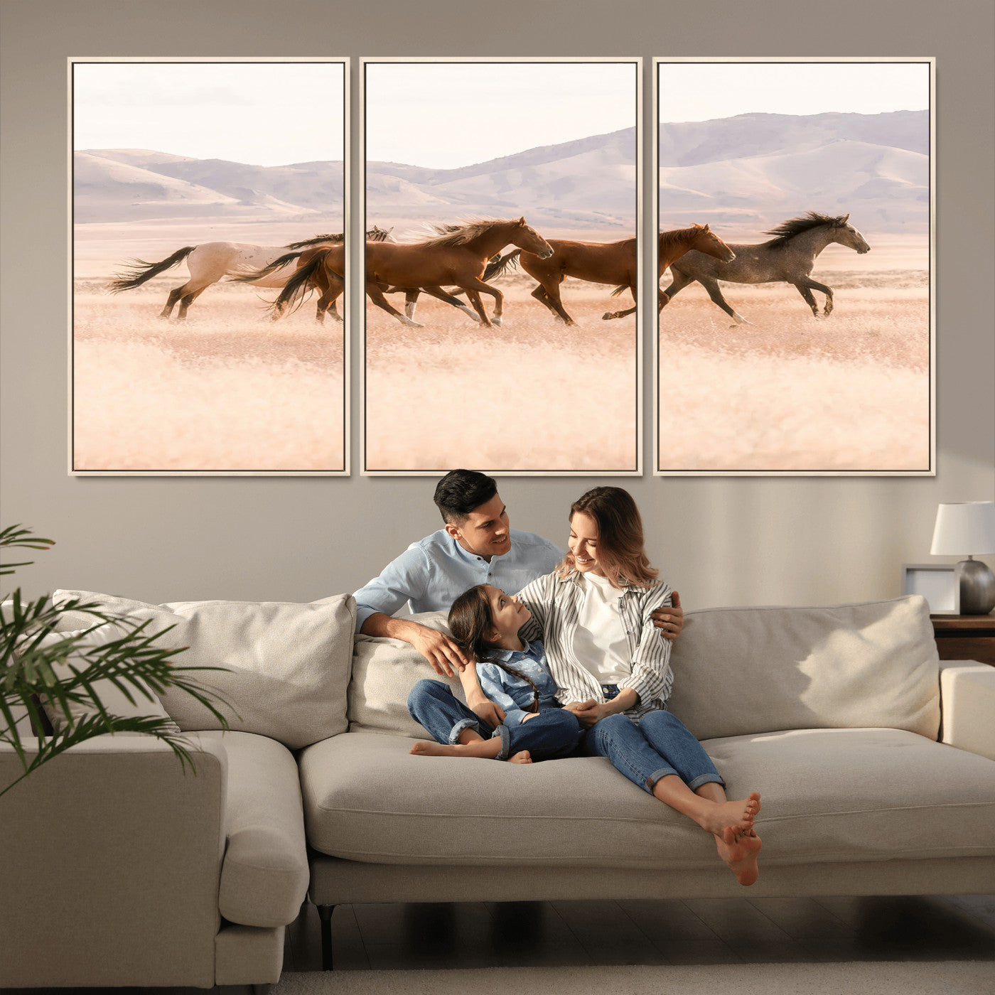 83644685-MGV-FC-60X30-3P_Natural-Wild Horse Art Wall Art Canvas Print, Framed Rustic Western Art Picture Print, Desert Horse Scene Perfect Rustic Western Decor