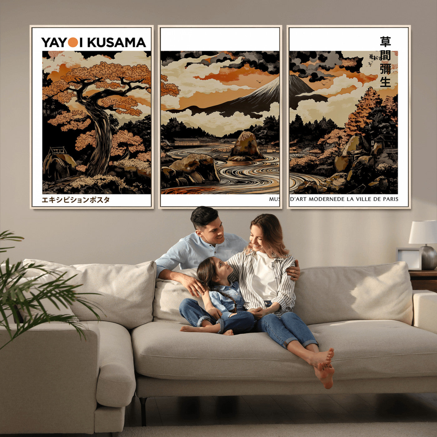 96372548-MGV-CV-36X24-Japanese Landscape Wall Art Print – Mt. Fuji Poster with Bonsai Tree & River, Ukiyo-e Inspired Modern Japanese Artwork, Autumn
