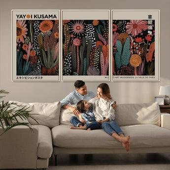28344895-MGV-CV-36X24-Dark Floral Abstract Wall Art Poster – Modern Botanical Canvas Print with Beige Border, Kusama Inspired Boho Flower Painting,