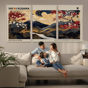 54967195-MGV-CV-36X24-Mount Fuji Wall Art – Japanese Cherry Blossom Abstract Canvas Print, Navy Gold Landscape Painting, Oriental Luxury Home Decor