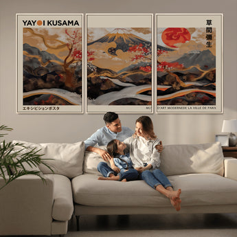 77970791-MGV-CV-36X24-Mount Fuji Golden Abstract Wall Art – Japanese Landscape Canvas Poster, Cherry Blossom & Red Sun Painting, Elegant Zen Oriental