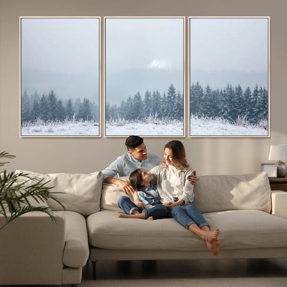 33033082-MGV-FC-60X30-3P_Natural-Winter Forest Art Wall Art Canvas Print, Framed Snowy Landscape Art Picture Print, Misty Tree Scene Perfect Nordic Minimalist