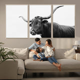 99244177-MGV-CV-36X24-Longhorn Photography Wall Art Canvas Print, Framed Western Cow Decor Art Picture Print, Black White Bull Perfect Modern Rustic
