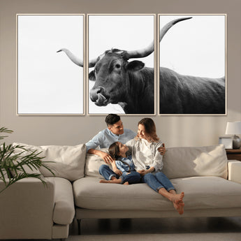 99244177-MGV-CV-36X24-Longhorn Photography Wall Art Canvas Print, Framed Western Cow Decor Art Picture Print, Black White Bull Perfect Modern Rustic