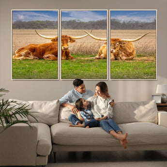 97244565-MGV-CV-36X24-Longhorn Duo Wall Art Canvas Print, Framed Cozy Ranch Vibes Art Picture Print, Western Ranch Decor Perfect Rustic Farmhouse Decor