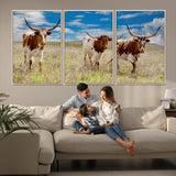 58099948-MGV-FC-60X30-3P_Natural-Texas Longhorn Wall Art Canvas Print, Framed Western Decor Art Picture Print, Rustic Farmhouse Perfect Western Farmhouse Decor