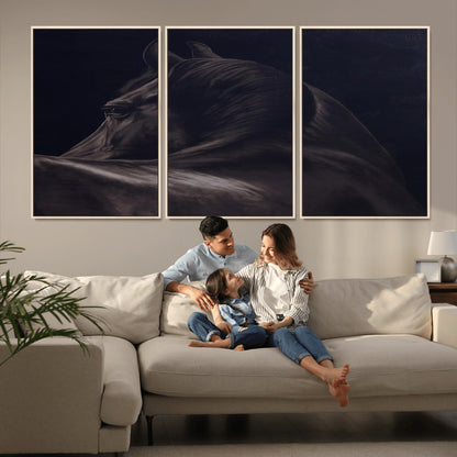 67026880-MGV-FC-60X30-3P_Natural-Black Horse Portrait Wall Art Canvas Print, Framed Moody Horse Decor Art Picture Print, Equestrian Wall Style Perfect Masculine