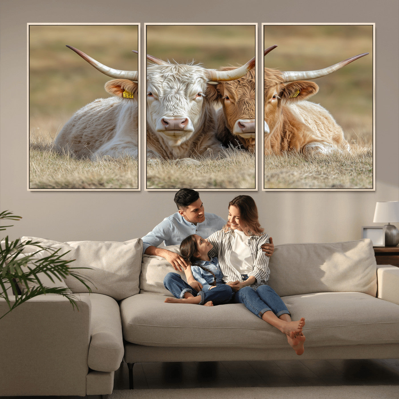 53388593-MGV-FC-60X30-3P_Natural-Cow Photography Wall Art Canvas Print, Framed Rustic Animal Decor Art Picture Print, Texas Cow Pair Perfect Western Farmhouse
