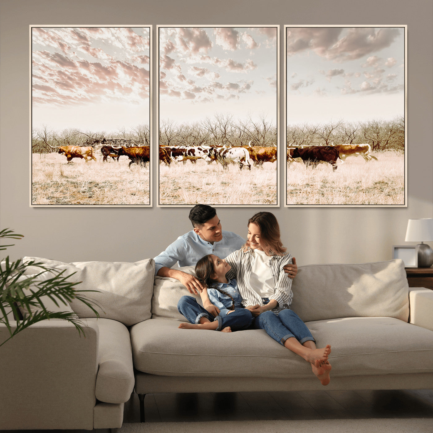 57389417-MGV-CV-36X24-Cow Herd Photography Wall Art Canvas Print, Framed Rustic Farmhouse Decor Art Picture Print, Western Ranch Style Perfect Rustic