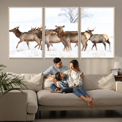 68738684-MGV-CV-36X24-Winter Elk Scene Wall Art Canvas Print, Framed Wildlife Photography Art Picture Print, Snowy Deer Decor Perfect Rustic Lodge Decor