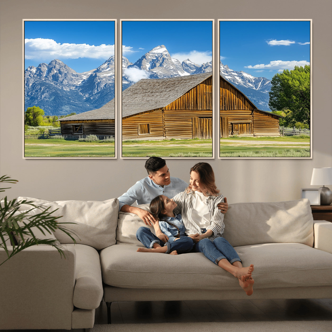 75948467-MGV-FC-60X30-3P_Natural-Mountain Barn Scene Wall Art Canvas Print, Framed Rustic Farmhouse Style Art Picture Print, Country Cabin Decor Perfect Rustic