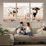 39672786-MGV-FC-60X30-3P_Natural-Rustic Cow Scene Wall Art Canvas Print, Framed Farmhouse Style Cattle Art Picture Print, Prairie Animal Duo Perfect Rustic Western