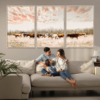 43704663-MGV-FC-60X30-3P_Natural-Country Cow Herd Wall Art Canvas Print, Framed Farmhouse Cattle Scene Art Picture Print, Rustic Ranch Decor Perfect Rustic