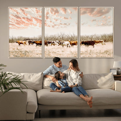43704663-MGV-FC-60X30-3P_Natural-Country Cow Herd Wall Art Canvas Print, Framed Farmhouse Cattle Scene Art Picture Print, Rustic Ranch Decor Perfect Rustic