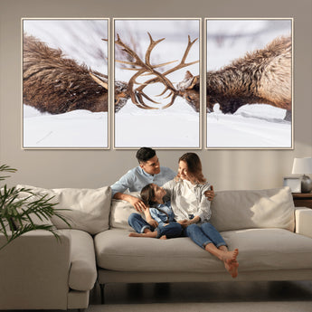 36507609-MGV-CV-36X24-Elk Clash Scene Wall Art Canvas Print, Framed Wildlife Strength Decor Art Picture Print, Snowy Forest Elk Perfect Rustic Lodge