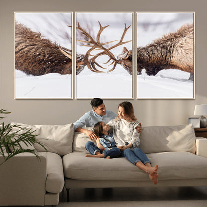 36507609-MGV-CV-36X24-Elk Clash Scene Wall Art Canvas Print, Framed Wildlife Strength Decor Art Picture Print, Snowy Forest Elk Perfect Rustic Lodge
