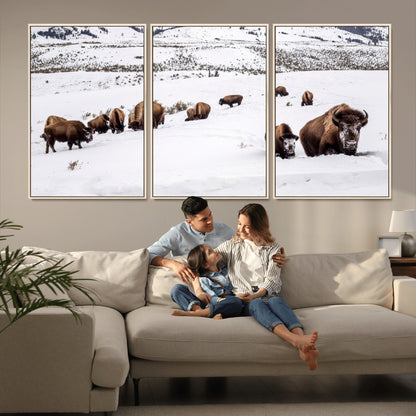 13891210-MGV-FC-60X30-3P_Natural-Bison Herd Scene Wall Art Canvas Print, Framed Western Wildlife Decor Art Picture Print, Snowy Mountain Valley Perfect Rustic