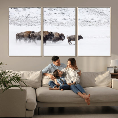 56216945-MGV-FC-60X30-3P_Natural-Bison Herd Decor Wall Art Canvas Print, Framed Snowy Bison Scene Art Picture Print, Winter Wildlife Theme Perfect Rustic Western