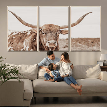77810049-MGV-FC-60X30-3P_Natural-Longhorn Bull Photo Wall Art Canvas Print, Framed Rustic Cow Decor Art Picture Print, Neutral Farmhouse Style Perfect Rustic