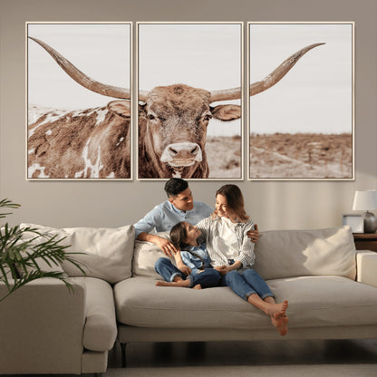 77810049-MGV-FC-60X30-3P_Natural-Longhorn Bull Photo Wall Art Canvas Print, Framed Rustic Cow Decor Art Picture Print, Neutral Farmhouse Style Perfect Rustic