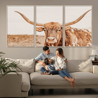 74406977-MGV-FC-60X30-3P_Natural-Longhorn Bull Decor Wall Art Canvas Print, Framed Western Cow Theme Art Picture Print, Rustic Farmhouse Wall Perfect Neutral