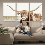 98924580-MGV-CV-36X24-Texas Longhorn Bull Wall Art Canvas Print, Framed Rustic Farmhouse Decor Art Picture Print, Western Animal Theme Perfect Rustic