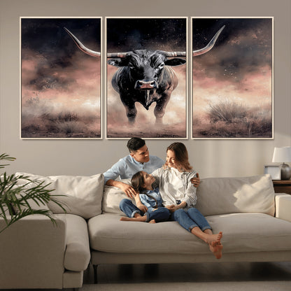 71457818-MGV-CV-36X24-Longhorn Wall Art Wall Art Canvas Print, Framed Western Bull Canvas Art Picture Print, Rustic Cow Decor Perfect Western Dramatic