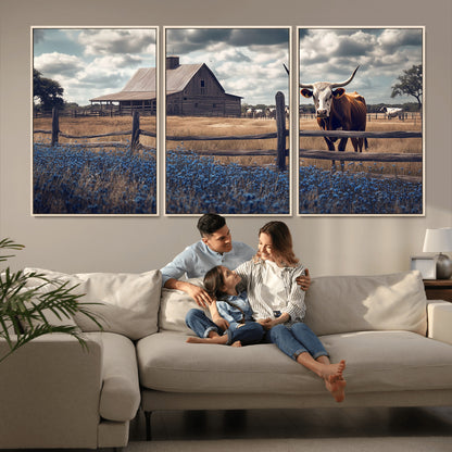 51092814-MGV-CV-36X24-Texas Longhorn Wall Art Wall Art Canvas Print, Framed Rustic Barn Canvas Art Picture Print, Farmhouse Cow Decor Perfect Rustic