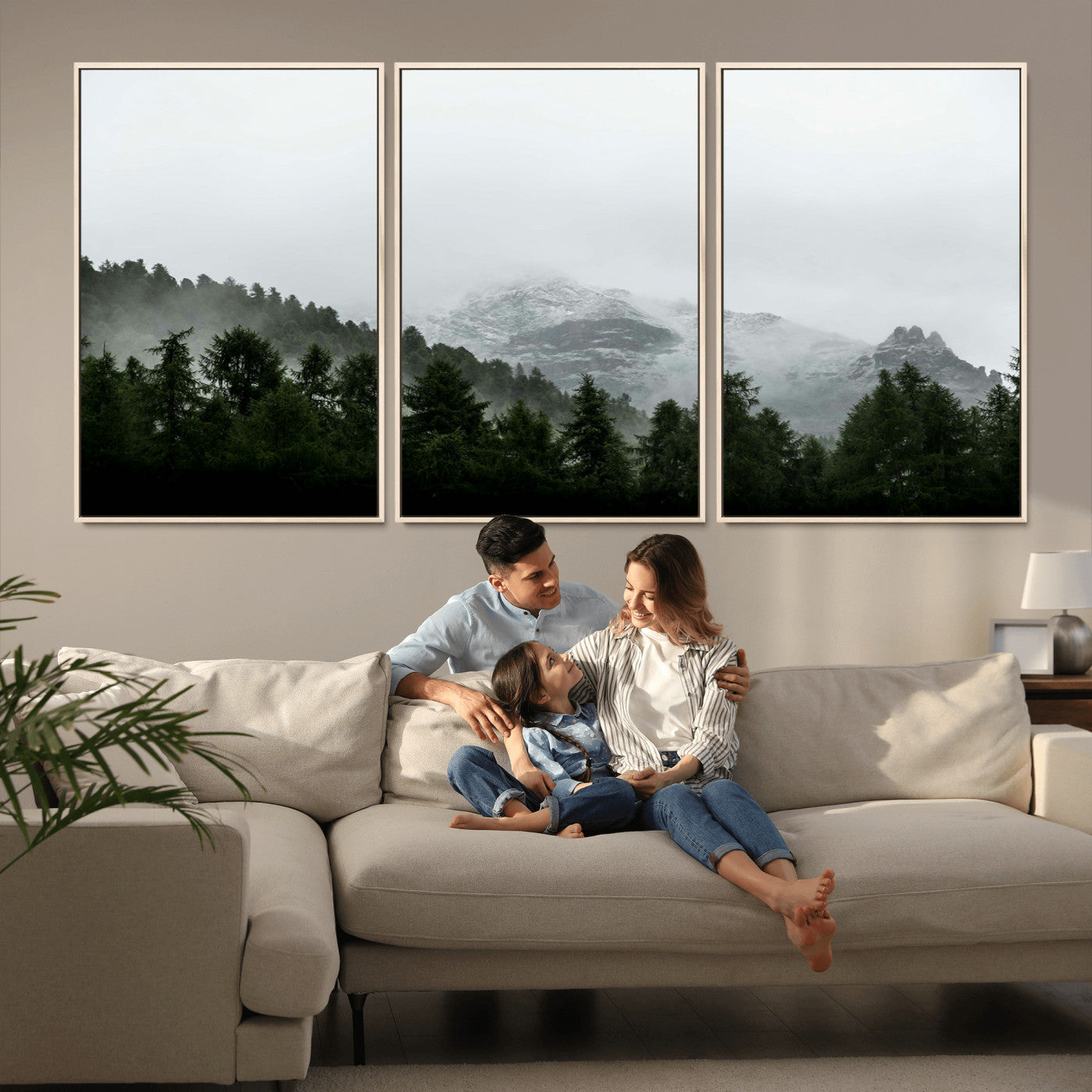 55968349-MGV-CV-36X24-Misty Mountains Wall Art Canvas Print, Framed Foggy Forest Art Picture Print, Snowy Peaks Perfect Moody Wilderness Decor Artwork