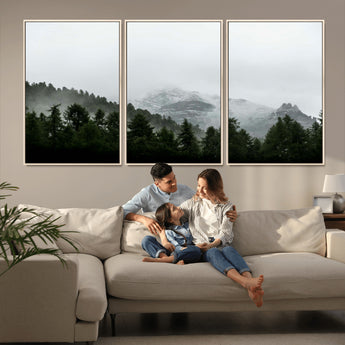 55968349-MGV-CV-36X24-Misty Mountains Wall Art Canvas Print, Framed Foggy Forest Art Picture Print, Snowy Peaks Perfect Moody Wilderness Decor Artwork