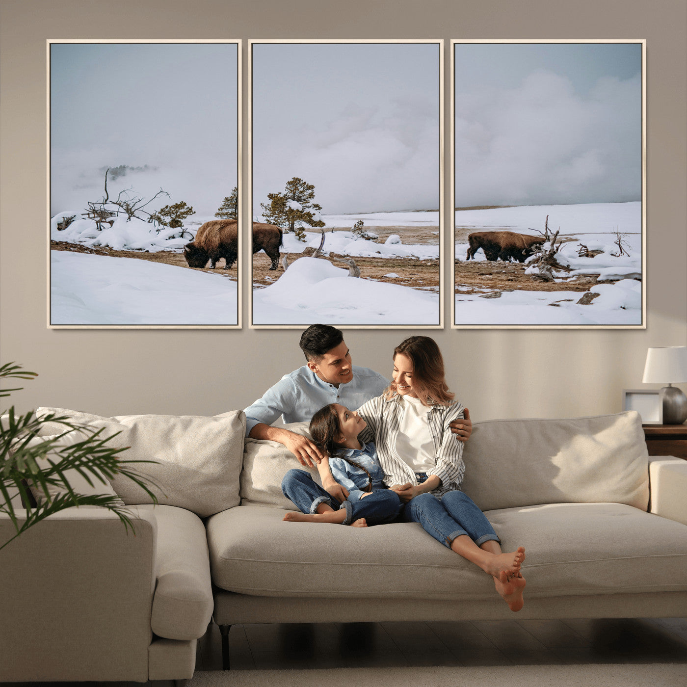 60308289-MGV-CV-36X24-Bison Wildlife Wall Art Canvas Print, Framed Snowy Prairie Art Picture Print, Western Landscape Perfect Rustic Winter Decor