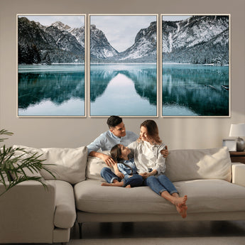 73098373-MGV-CV-36X24-Mountain Lake Wall Art Canvas Print, Framed Winter Wonderland Art Picture Print, Snowy Peaks Perfect Modern Nature Decor Artwork