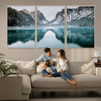 73098373-MGV-CV-36X24-Mountain Lake Wall Art Canvas Print, Framed Winter Wonderland Art Picture Print, Snowy Peaks Perfect Modern Nature Decor Artwork