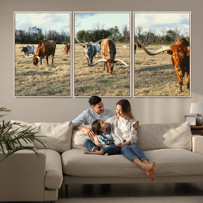 39144651-MGV-CV-36X24-Texas Longhorns Wall Art Canvas Print, Framed Rustic Farm Scene Art Picture Print, Western Cattle Perfect Rustic Farmhouse Decor