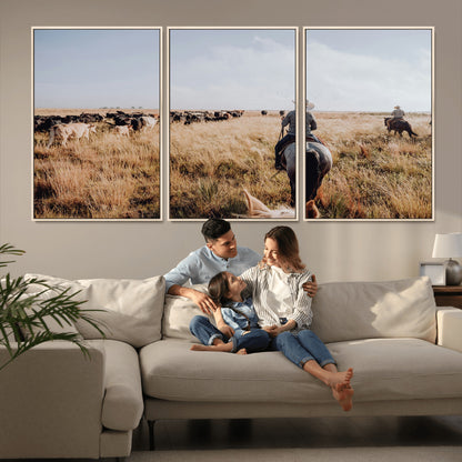 22431577-MGV-CV-36X24-Western Wall Art Wall Art Canvas Print, Framed Cowboy Canvas Art Picture Print, Cattle Drive Scene Perfect Rustic Western Decor