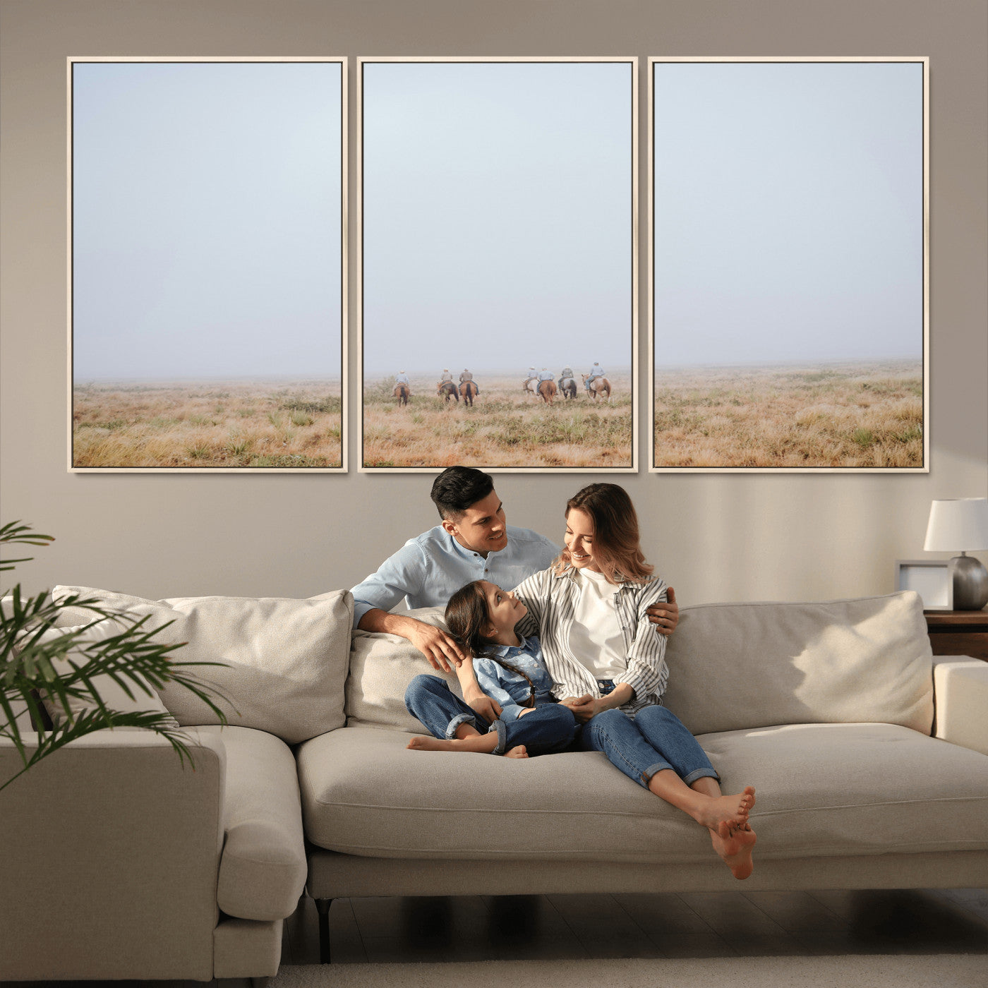 14761944-MGV-CV-36X24-Foggy Plains Wall Art Canvas Print, Framed Horseback Riders Art Picture Print, Rustic Western Perfect Rustic Western Decor Artwork