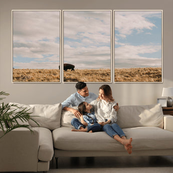 22754563-MGV-FC-60X30-3P_Natural-Earthy Tones Wall Art Canvas Print, Framed Rustic Nature Art Picture Print, Solitary Buffalo Perfect Western Minimalist Decor