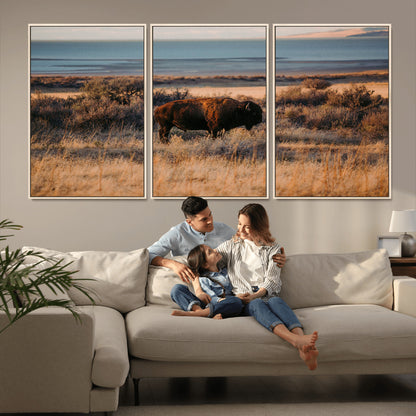 39509187-MGV-CV-36X24-Western Wildlife Wall Art Canvas Print, Framed Bison Art Picture Print, Golden Hour Perfect Western Rustic Decor Artwork