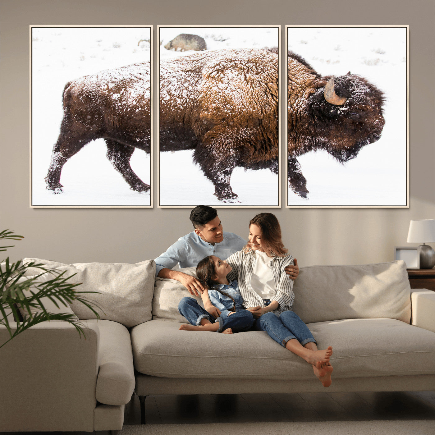 94261165-MGV-CV-36X24-Snowy Buffalo Wall Art Canvas Print, Framed Wildlife Photography Art Picture Print, Brown Tones Perfect Rustic Lodge Decor Decor