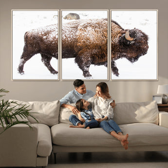 94261165-MGV-CV-36X24-Snowy Buffalo Wall Art Canvas Print, Framed Wildlife Photography Art Picture Print, Brown Tones Perfect Rustic Lodge Decor Decor
