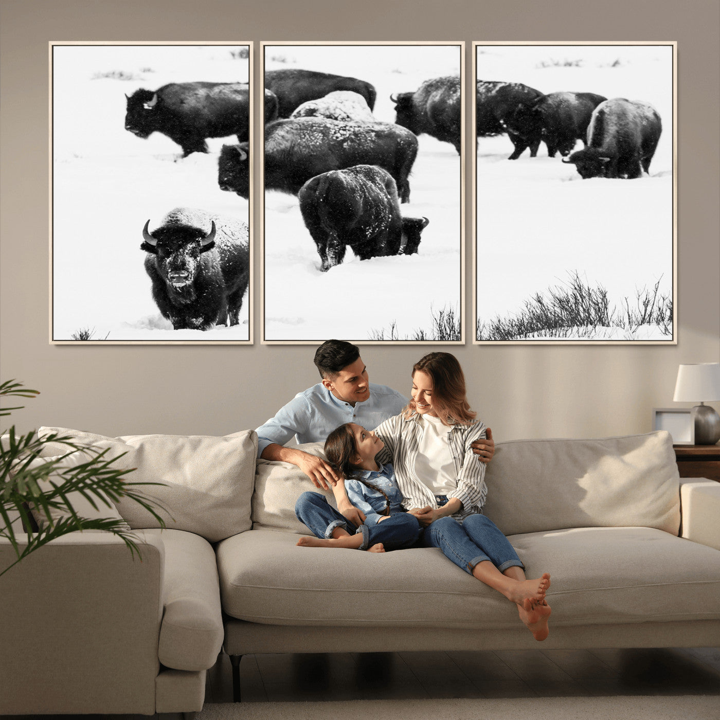 18914414-MGV-CV-36X24-Buffalo Herd Wall Art Canvas Print, Framed Black and White Art Picture Print, Snowy Landscape Perfect Rustic Lodge Decor Decor