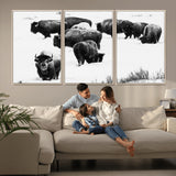 18914414-MGV-CV-36X24-Buffalo Herd Wall Art Canvas Print, Framed Black and White Art Picture Print, Snowy Landscape Perfect Rustic Lodge Decor Decor