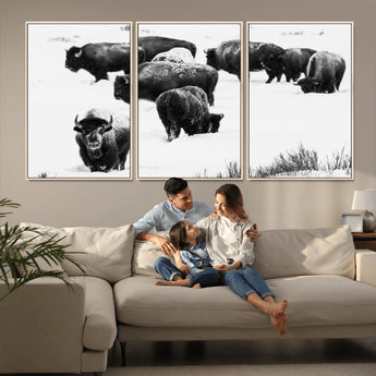 18914414-MGV-CV-36X24-Buffalo Herd Wall Art Canvas Print, Framed Black and White Art Picture Print, Snowy Landscape Perfect Rustic Lodge Decor Decor
