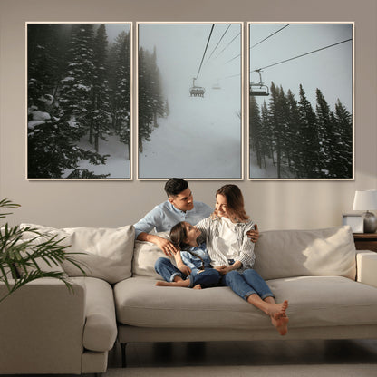87018452-MGV-CV-36X24-Ski Lift Wall Art Canvas Print, Framed Snowy Pines Art Picture Print, Misty Landscape Perfect Winter Serenity Decor Artwork